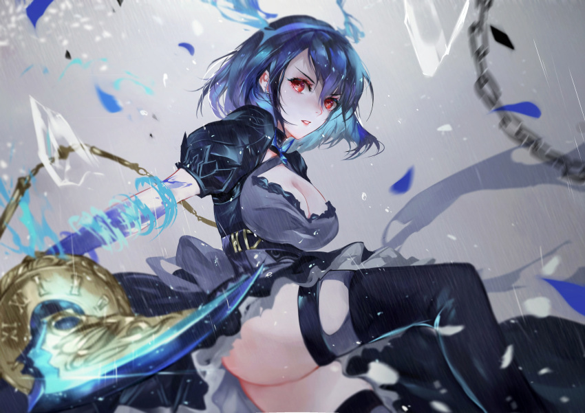1girl alice_(sinoalice) ass blue_hair blurry_foreground boots breasts chains cleavage cleavage_cutout debris frilled_skirt frills grey_background headband highres holding holding_sword holding_weapon large_breasts looking_at_viewer magic open_mouth puffy_sleeves red_eyes ribbon short_hair sinoalice skirt solo sword thigh-highs thigh_boots thighs torn_clothes torn_legwear turtleneck vardan weapon