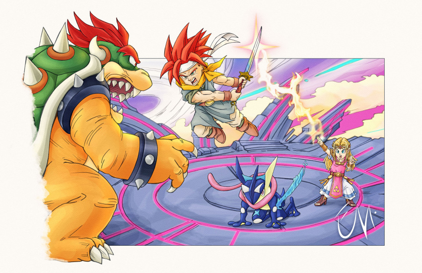 1boy 1girl 2others bowser chrono_trigger ciberman001 creatures_(company) crono game_freak gen_6_pokemon greninja highres nintendo pokemon pokemon_(creature) pokemon_(game) princess_zelda sora_(company) square_enix super_smash_bros. super_smash_bros._ultimate the_legend_of_zelda toriyama_akira_(style)