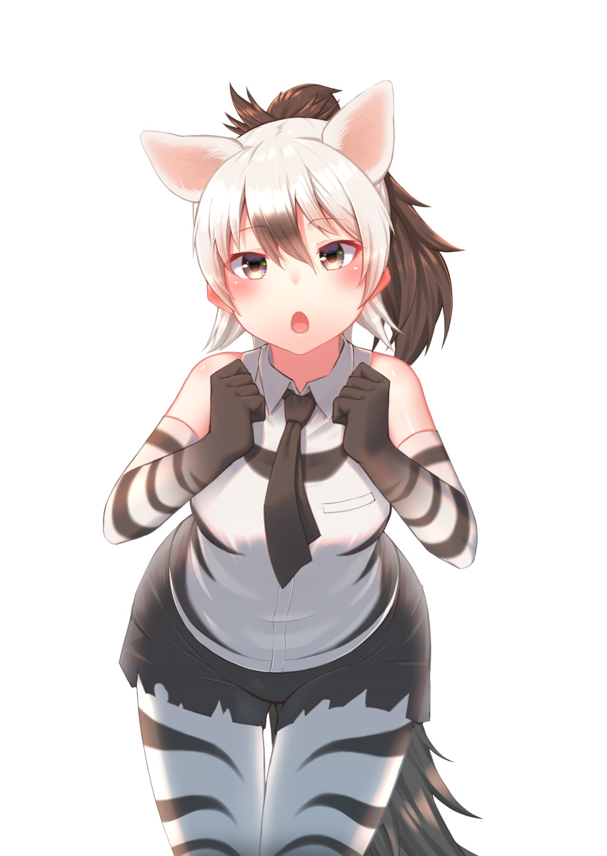 1girl aardwolf_(kemono_friends) aardwolf_ears aardwolf_print aardwolf_tail absurdres animal_ears animal_print bare_shoulders black_neckwear black_shorts breast_pocket brown_hair clenched_hands collared_shirt cowboy_shot cutoffs elbow_gloves extra_ears eyebrows_visible_through_hair gloves grey_eyes hair_between_eyes hands_up high_ponytail highres kemono_friends leaning_forward legwear_under_shorts long_hair looking_at_viewer multicolored_hair necktie open_mouth pantyhose pocket ponytail print_gloves print_legwear print_shirt shirt shorts silver_hair simple_background sleeveless sleeveless_shirt solo st.takuma tail thigh_gap two-tone_hair white_background wing_collar
