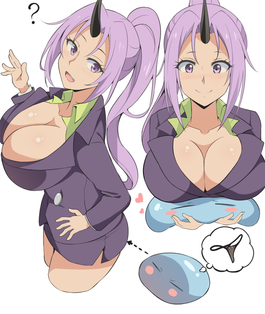 1girl :d ? blush bow breast_rest breasts cleavage closed_eyes cropped_legs half-closed_eyes happy heart highres horns large_breasts long_sleeves office_lady open_mouth pencil_skirt pink_bow ponytail purple_hair rimuru_tempest shion_(tensei_shitara_slime_datta_ken) skirt slime smile solo_focus tensei_shitara_slime_datta_ken thong thought_bubble verseir_001 violet_eyes