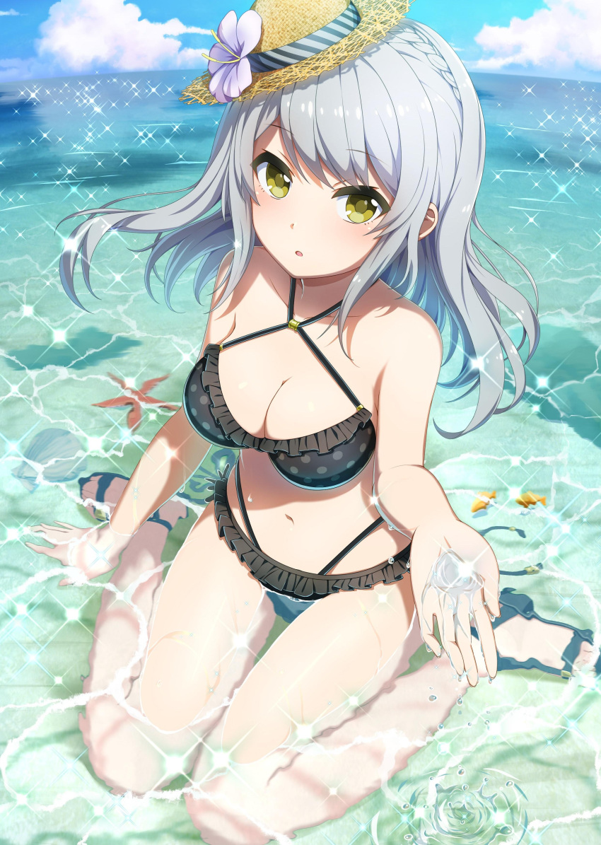 1girl absurdres bangs bikini black_bikini blue_sky breasts cleavage clouds collarbone eyebrows_visible_through_hair floating_hair flower green_eyes grey_flower halterneck hat hat_flower hat_ribbon hibiscus highleg highleg_bikini highres long_hair medium_breasts navel ocean official_art outdoors project_tokyo_dolls ribbon silver_hair sitting sky solo straw_hat striped striped_ribbon swept_bangs swimsuit wariza water yellow_hat