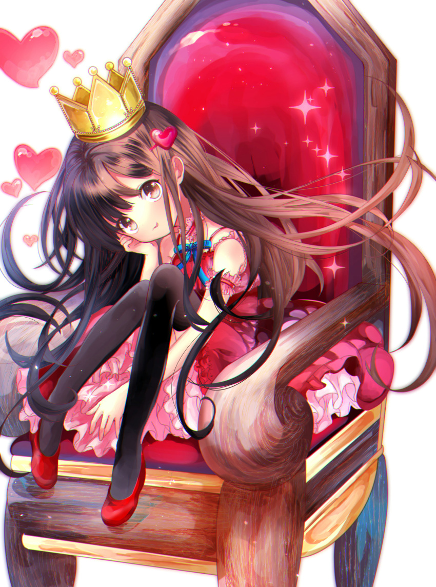 1girl absurdres arm_support armchair bare_shoulders black_legwear blue_bow blush bow brown_eyes brown_hair chair chromatic_aberration closed_mouth crown dress fingernails fuyusuke_(hz+) hair_ornament hairclip hand_up head_tilt heart heart_hair_ornament highres long_hair original red_dress red_footwear shoes simple_background sitting sleeveless sleeveless_dress solo sparkle thigh-highs tongue tongue_out very_long_hair white_background