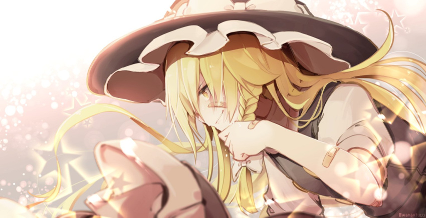 1girl bandaid_on_arm bandaid_on_cheek bandaid_on_hand blonde_hair bow braid chin_wiping commentary frilled_hat frilled_skirt frills from_side hand_on_own_chin hat hat_bow kirisame_marisa leaning_forward long_hair puffy_short_sleeves puffy_sleeves short_sleeves side_braid skirt smirk solo star starry_background touhou twitter_username upper_body wanaxtuco witch_hat