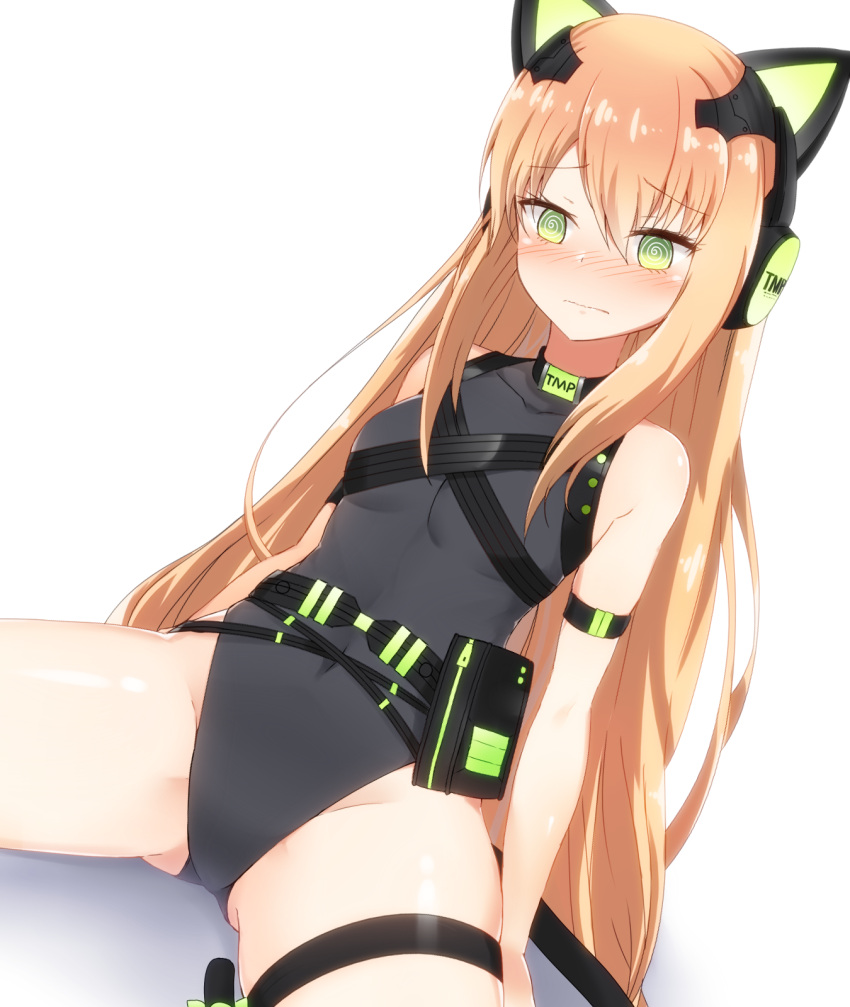 1girl @_@ animal_ears arm_strap arm_support ass_visible_through_thighs bangs bare_shoulders belt black_leotard blush bow breasts cat_ears cat_tail character_name clothes_writing covered_navel dutch_angle eyebrows_visible_through_hair fake_animal_ears frown girls_frontline green_bow green_eyes headphones highres leaning_back leotard long_hair nose_blush orange_hair s1145 simple_background sitting small_breasts solo tail tail_bow thigh_strap tmp_(girls_frontline) very_long_hair wavy_mouth white_background