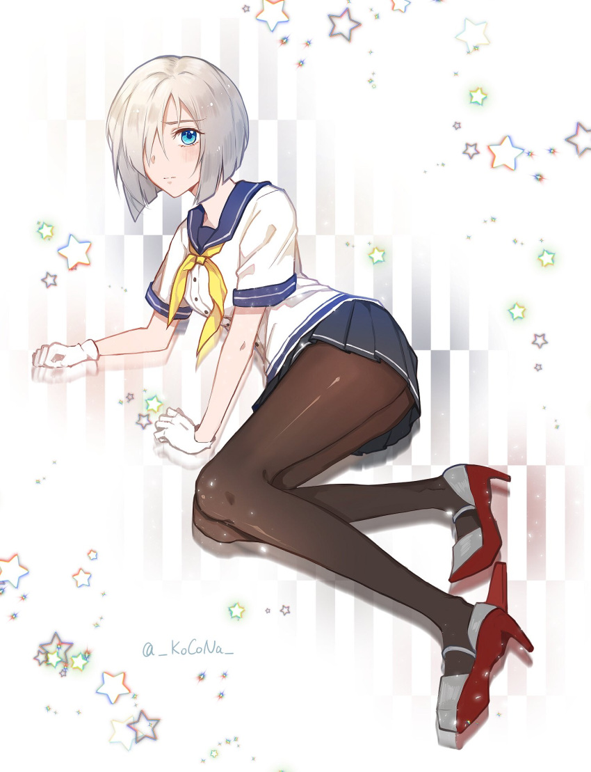 1girl black_legwear blue_eyes full_body gloves hair_ornament hair_over_one_eye hairclip hamakaze_(kantai_collection) high_heels highres kantai_collection kocona looking_at_viewer lying neckerchief on_side pantyhose pleated_skirt school_uniform serafuku short_hair short_sleeves silver_hair skirt solo star starry_background white_background white_gloves yellow_neckwear