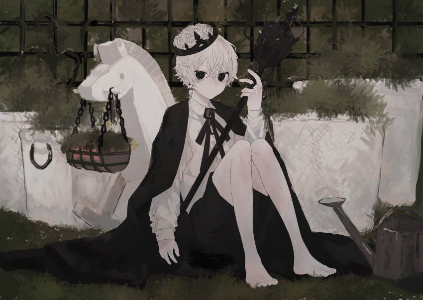 1boy absurdres barefoot black_bow black_eyes bow bush closed_mouth crown denki_ryu flower grass hair_between_eyes highres holding holding_staff horse jewelry original plant pot potted_plant ring rose short_hair sitting solo staff watering_can white_flower white_hair white_rose wooden_horse