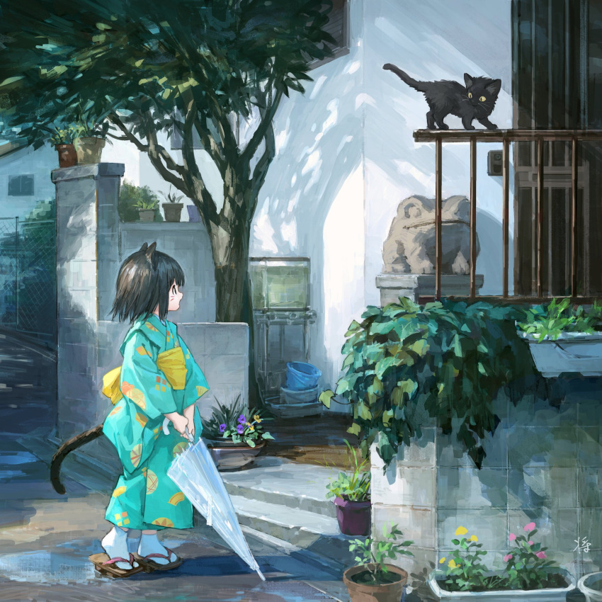 1girl animal animal_ears black_cat black_eyes black_hair bucket building cat cat_ears cat_tail closed_umbrella commentary_request day fence geta highres holding holding_umbrella japanese_clothes kimono kitten long_sleeves looking_away obi open_mouth original outdoors plant potted_plant sash sho_(sho_lwlw) short_hair signature solo standing tabi tail tree umbrella whisker_markings white_legwear wide_sleeves yukata