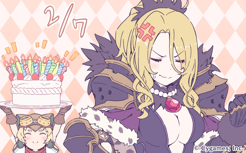 2girls absurdres anger_vein blonde_hair breasts cake candle christina_morgan cleavage clenched_hand closed_eyes closed_mouth food gloves highres jewelry multiple_girls necklace official_art orihara_matsuri princess_connect! princess_connect!_re:dive short_sleeves shoulder_armor