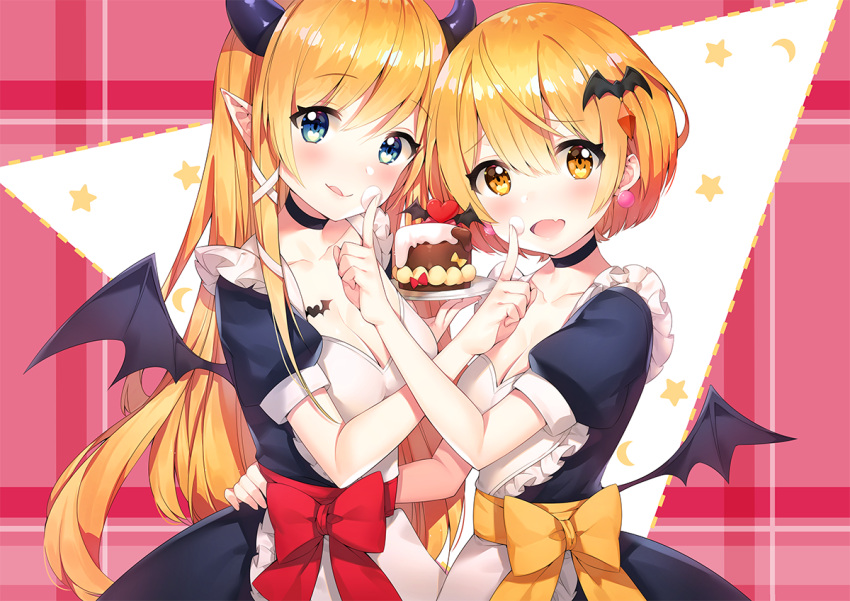 2girls :d :q apron ayamy bangs bat_hair_ornament black_choker blonde_hair blue_dress blue_eyes blush breasts cake choker cleavage closed_mouth collarbone commentary cream cream_on_face demon_girl demon_horns demon_wings dress earrings fang food food_on_face hair_between_eyes hair_ornament hair_ribbon head_tilt heart holding holding_plate hololive horns index_finger_raised jewelry long_hair looking_at_viewer maid maid_apron medium_breasts multiple_girls open_mouth plate pointy_ears red_ribbon ribbon short_hair short_sleeves sidelocks smile standing star tongue tongue_out upper_body virtual_youtuber wings yellow_eyes yellow_ribbon yozora_mel yuzuki_choco
