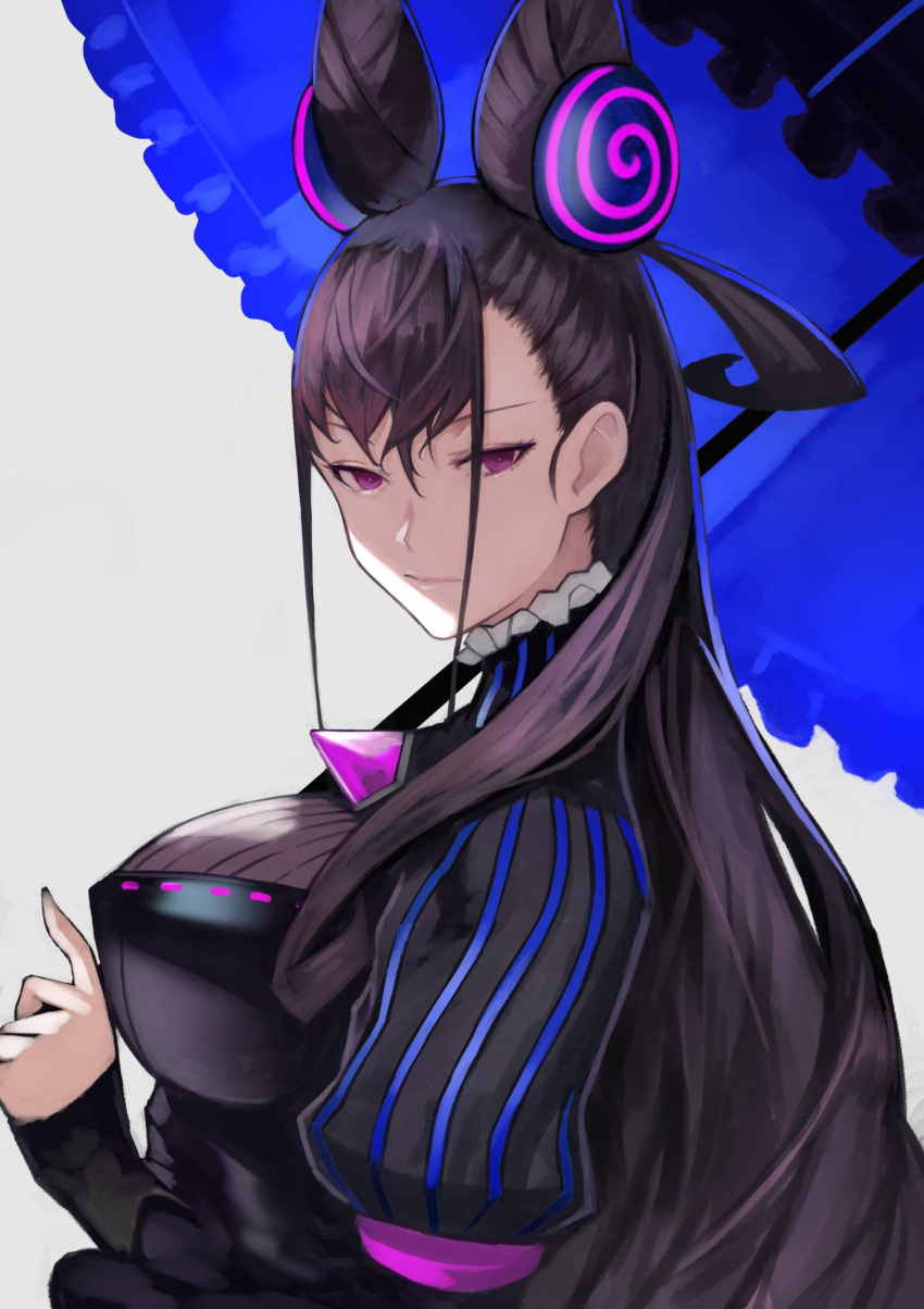1girl 55level bangs black_hair breasts closed_mouth double_bun dress fate/grand_order fate_(series) frilled_shirt_collar frills hair_between_eyes hair_ornament highres large_breasts long_hair looking_at_viewer murasaki_shikibu_(fate) puffy_sleeves simple_background solo umbrella violet_eyes
