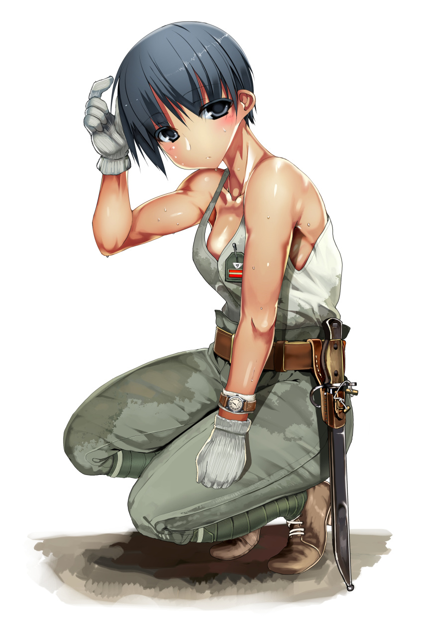 1girl absurdres bayonet black_eyes black_hair blush gloves highres imperial_japanese_army load_bearing_equipment looking_at_viewer military original pouch samazuka_mashiro sheath sheathed short_hair solo squatting sweat tank_top watch watch white_background white_gloves