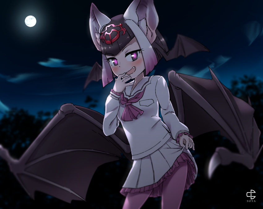 1girl :d animal_ear_fluff ascot bat_wings black_hair commentary_request common_vampire_bat_(kemono_friends) fang full_moon gradient_hair hand_to_own_mouth head_wings kasugai_isoya kemono_friends lifted_by_self long_sleeves looking_at_viewer moon multicolored_hair night open_mouth outdoors pantyhose pink_hair pink_legwear pink_neckwear pleated_skirt sailor_collar shirt short_hair skirt skirt_lift smile solo underskirt violet_eyes white_hair white_sailor_collar white_shirt white_skirt wings