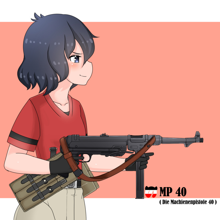 1girl black_eyes black_gloves black_hair gloves gun hair_between_eyes headwear_removed highres kaban_(kemono_friends) kemono_friends mp40 nb_(pixiv594732) red_background red_shirt shirt short_hair shorts simple_background submachine_gun wavy_hair weapon world_war_ii