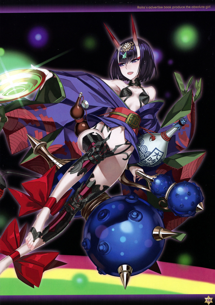1girl absurdres alcohol armor artist_name bangs bare_shoulders barefoot black_background breasts collarbone cup eyebrows_visible_through_hair fate/grand_order fate_(series) hair_ornament highres holding honjou_raita japanese_clothes jewelry kimono makeup navel obi oni oni_horns open_mouth page_number purple_hair revealing_clothes sakazuki sake sash scan short_hair shuten_douji_(fate/grand_order) simple_background small_breasts smile solo stomach toes violet_eyes wide_sleeves