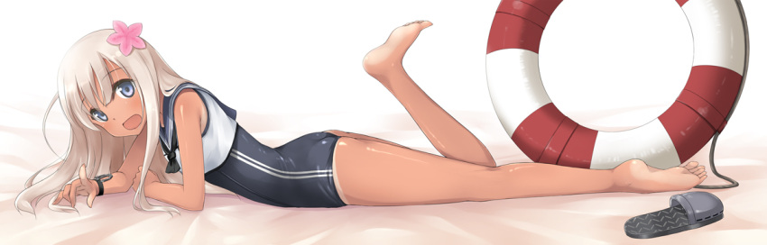 1girl ass barefoot black_swimsuit blonde_hair blue_eyes crop_top flat_ass flower full_body hair_flower hair_ornament index_finger_raised kantai_collection kochipu lifebuoy long_hair looking_at_viewer lying on_stomach one-piece_tan open_mouth ro-500_(kantai_collection) sandals school_swimsuit single_sandal smile solo swimsuit swimsuit_under_clothes tan tanline white_background