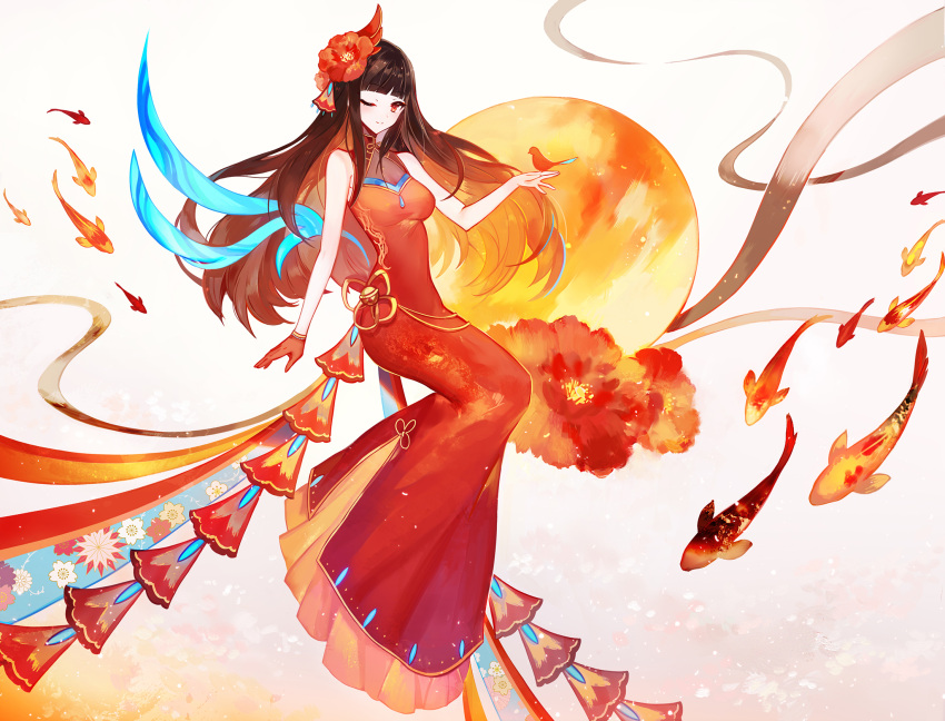 1girl bangs bare_shoulders bird blush brown_hair china_dress chinese_clothes chinese_knot closed_mouth dress fish flower full_body hair_flower hair_ornament highres hime_cut koi long_hair moemoe3345 one_eye_closed original red_dress red_eyes sleeveless sleeveless_dress smile solo