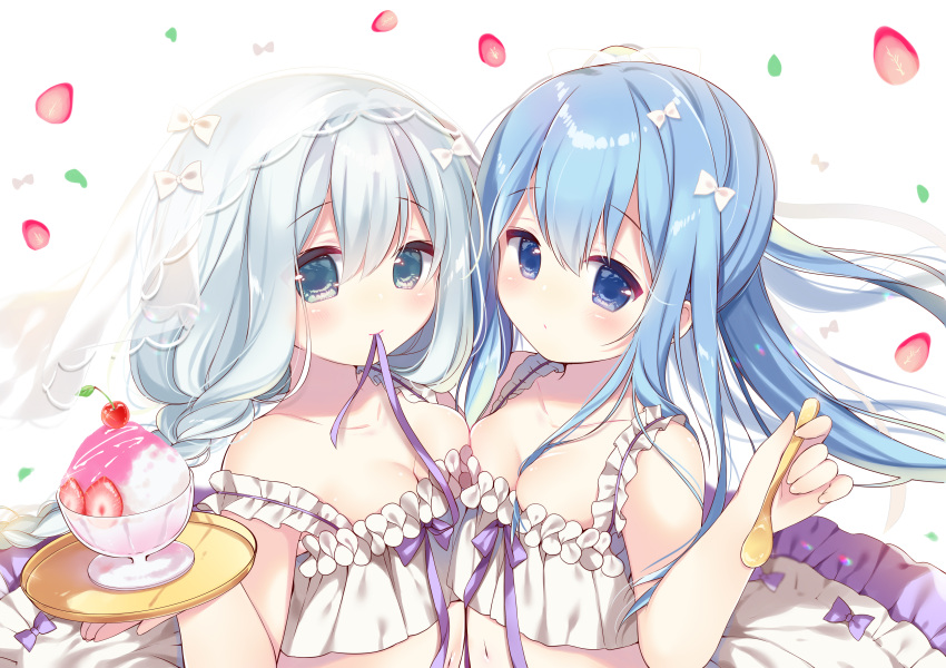 2girls absurdres ame_usari bangs bare_arms bare_shoulders between_breasts blue_eyes blue_hair bow braid breasts character_request cherry cleavage closed_mouth collarbone commentary_request dress eyebrows_visible_through_hair food frilled_dress frills fruit hair_between_eyes highres hiyuki-chan holding holding_spoon holding_tray long_hair mouth_hold multiple_girls ribbon ribbon_in_mouth see-through shaved_ice silver_hair sleeveless sleeveless_dress small_breasts smile sound_voltex spoon strap_slip strawberry tray veil white_bow white_dress
