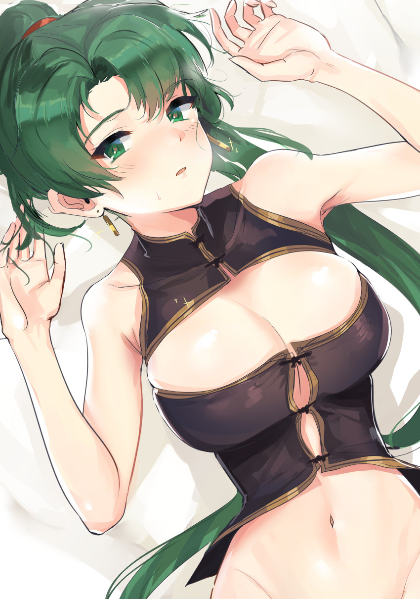 1girl absurdres bangs bed blush breasts corset earrings fire_emblem fire_emblem:_rekka_no_ken green_eyes green_hair high_ponytail highres jewelry large_breasts long_hair looking_at_viewer lyndis_(fire_emblem) navel nintendo ormille ponytail simple_background solo very_long_hair