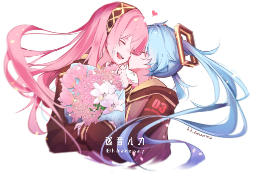2girls anniversary blue_hair blush bouquet character_name cheek_kiss closed_eyes commentary flower hair_ornament hand_on_own_chin hatsune_miku headband heart holding holding_bouquet jacket kiss long_hair megurine_luka multiple_girls pink_hair smile twintails twitter_username upper_body very_long_hair vocaloid wanaxtuco white_background