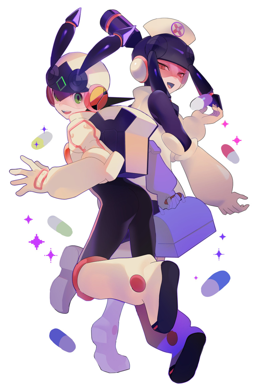 1boy 1girl absurdres ass backpack bag black_hair character_request elbow_gloves full_body gloves green_eyes hat helmet highres holding nurse nurse_cap open_mouth orange_eyes pill rockman rox_00012 simple_background smile sparkle standing toolbox visor white_background white_gloves