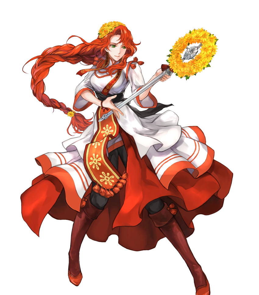 1girl bangs black_pants braid breasts closed_mouth dress fire_emblem fire_emblem:_souen_no_kiseki fire_emblem_heroes flower full_body green_eyes head_wreath highres holding jewelry long_sleeves medium_breasts necklace nintendo official_art open_mouth pants pelvic_curtain petals red_footwear redhead shiny shiny_hair single_braid smile solo staff standing tiamat_(fire_emblem) transparent_background wada_sachiko wide_sleeves