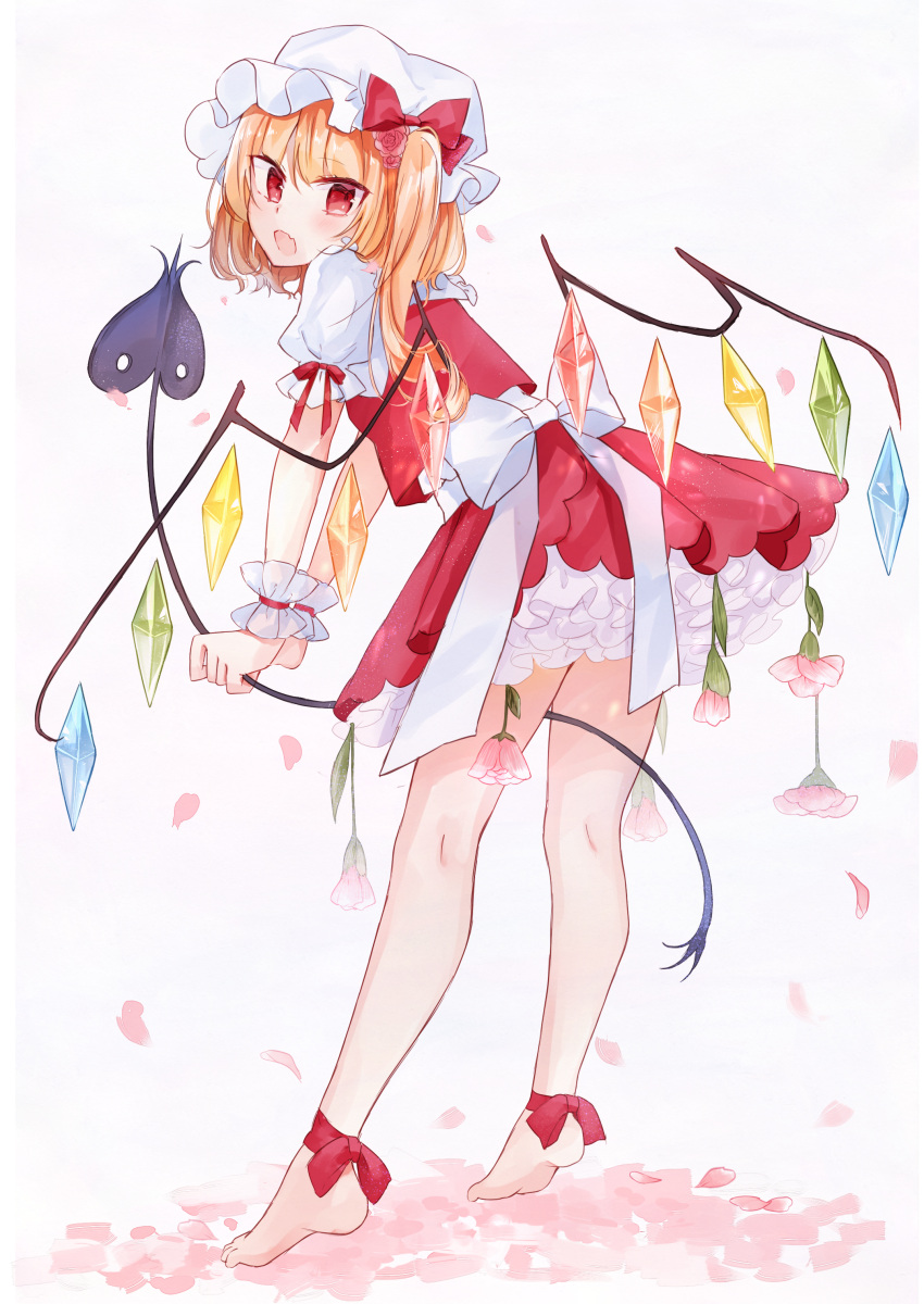 1girl absurdres barefoot blonde_hair blush bow commentary_request crystal fang flandre_scarlet flower grey_background hair_bow hair_flower hair_ornament hat highres long_hair looking_at_viewer looking_to_the_side mob_cap moko_(3886397) one_side_up open_mouth petals pink_flower puffy_short_sleeves puffy_sleeves red_bow red_eyes red_flower red_rose red_skirt red_vest rose shirt short_sleeves skirt soles solo standing tiptoes touhou vest white_hat white_shirt wings