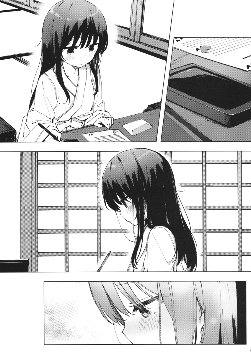 1girl blush comic greyscale hakurei_reimu highres japanese_clothes kimono letter long_hair long_sleeves love_letter monochrome scan shinoba table touhou translation_request