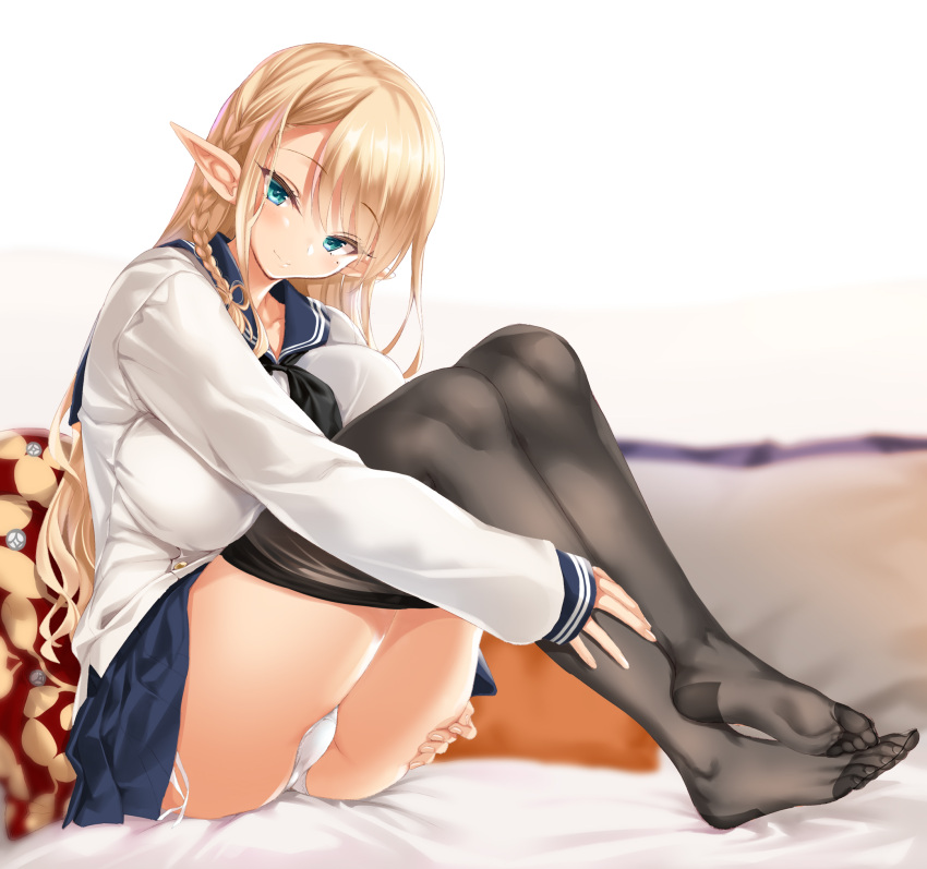 1girl aqua_eyes ass bangs black_legwear black_neckwear blonde_hair blue_sailor_collar blue_skirt blush braid breasts closed_mouth collarbone elf eyebrows_visible_through_hair fantia_reward feet fingernails french_braid gusset highres kure_masahiro large_breasts legs long_hair long_sleeves looking_at_viewer mole mole_under_eye neckerchief no_shoes original paid_reward panties pantyhose pantyhose_pull pillow pleated_skirt pointy_ears sailor_collar school_uniform serafuku sitting skirt sleeves_past_wrists smile soles solo thighband_pantyhose thighs toes underwear white_panties white_serafuku