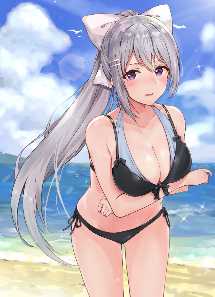 1girl bangs beach bikini black_bikini blue_sky blush bow breasts cleavage clouds collarbone crossed_arms day embarrassed front-tie_bikini front-tie_top groin hair_bow hair_ornament hairclip highres higuchi_kaede horizon large_breasts layered_bikini leaning_forward lens_flare long_hair looking_at_viewer mole mole_under_eye navel nijisanji ocean open_mouth outdoors ponytail racchi. sand side-tie_bikini silver_hair sky solo sparkle sunlight swimsuit very_long_hair violet_eyes virtual_youtuber water wavy_mouth