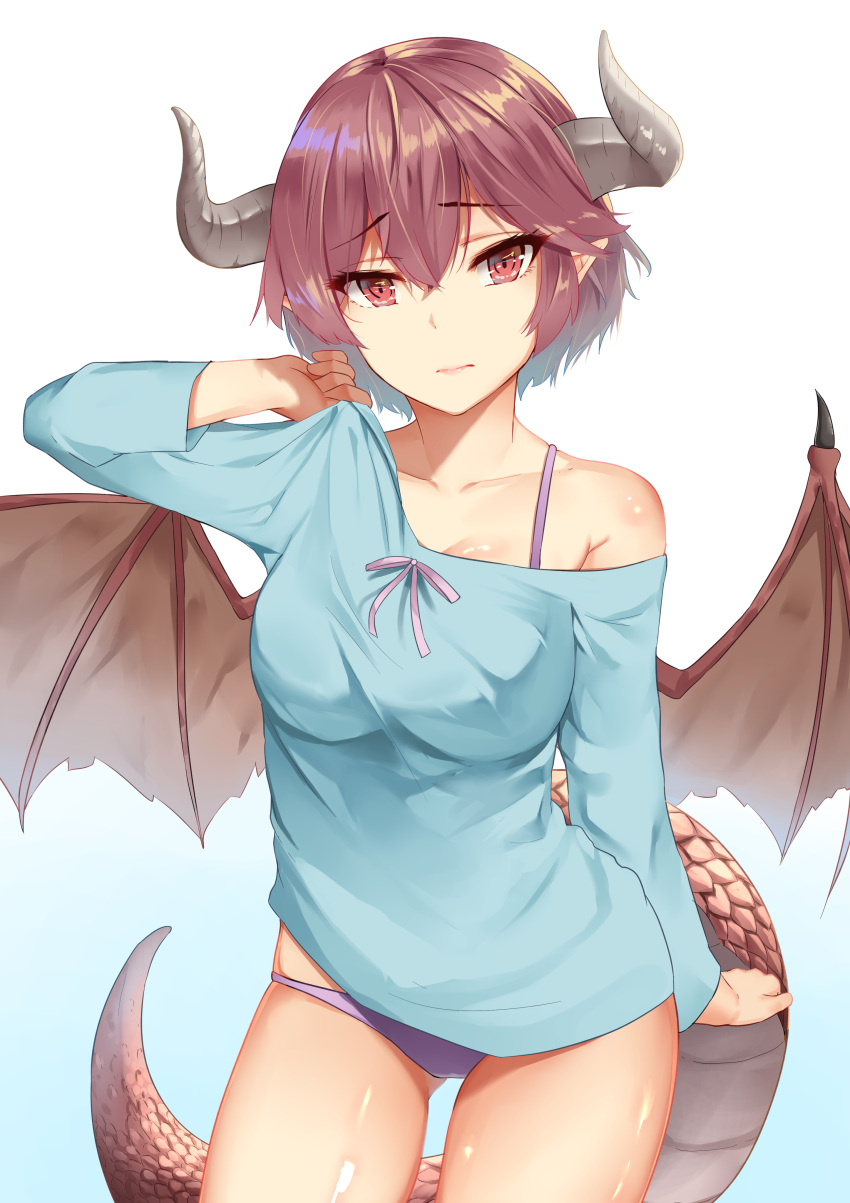 1girl absurdres adjusting_clothes arm_at_side ass_visible_through_thighs bangs blue_background blue_shirt blush bra bra_strap breasts closed_mouth collarbone cowboy_shot dragon_girl dragon_horns dragon_tail dragon_wings eyebrows_visible_through_hair frown gradient gradient_background grea_(shingeki_no_bahamut) hair_between_eyes highres horns long_sleeves manaria_friends medium_breasts mengo no_pants off_shoulder panties pantyshot pantyshot_(standing) purple_bra purple_hair purple_panties red_eyes scales shirt single_bare_shoulder solo standing tail underwear white_background wings