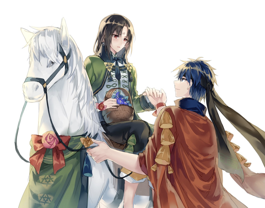 2boys black_hair blue_eyes blue_hair blush book cape facial_mark fire_emblem fire_emblem:_souen_no_kiseki fire_emblem_heroes flower gloves headband highres horse ike jacket jnsghsi long_hair male_focus multiple_boys nintendo red_eyes short_hair simple_background smile soren white_background yaoi