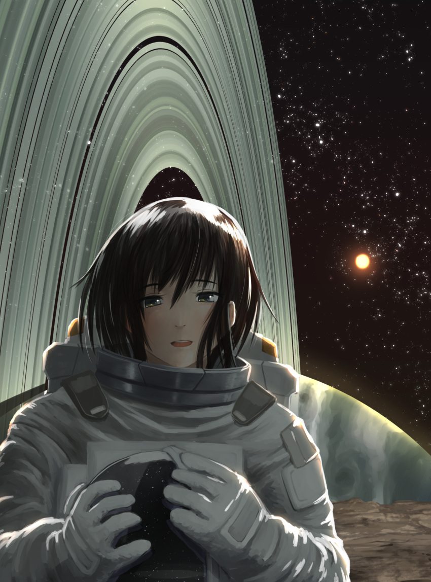 1girl amefurashi astronaut astronaut_helmet black_hair check_commentary commentary_request green_eyes headwear_removed helmet helmet_removed highres holding holding_helmet looking_at_viewer open_mouth original solo space spacesuit star_(sky)