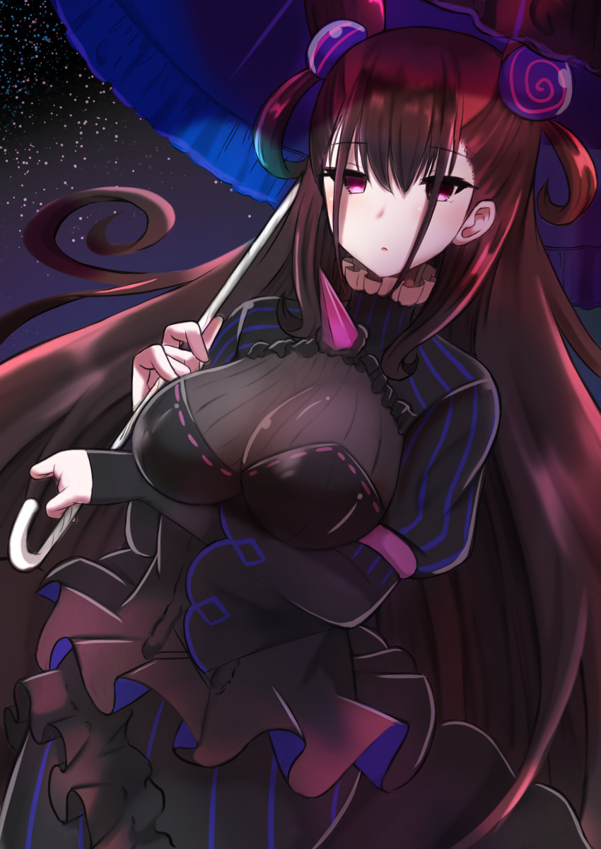 1girl absurdres arm_under_breasts bangs black_dress blue_umbrella breast_hold breasts brown_hair cleavage commentary_request dress dutch_angle eyebrows_visible_through_hair fate/grand_order fate_(series) frilled_umbrella frills hair_between_eyes hair_ornament highres holding holding_umbrella juliet_sleeves large_breasts long_hair long_sleeves looking_at_viewer murasaki_shikibu_(fate) parted_lips puffy_sleeves see-through shibakame sleeves_past_wrists solo striped two_side_up umbrella vertical-striped_dress vertical_stripes very_long_hair violet_eyes