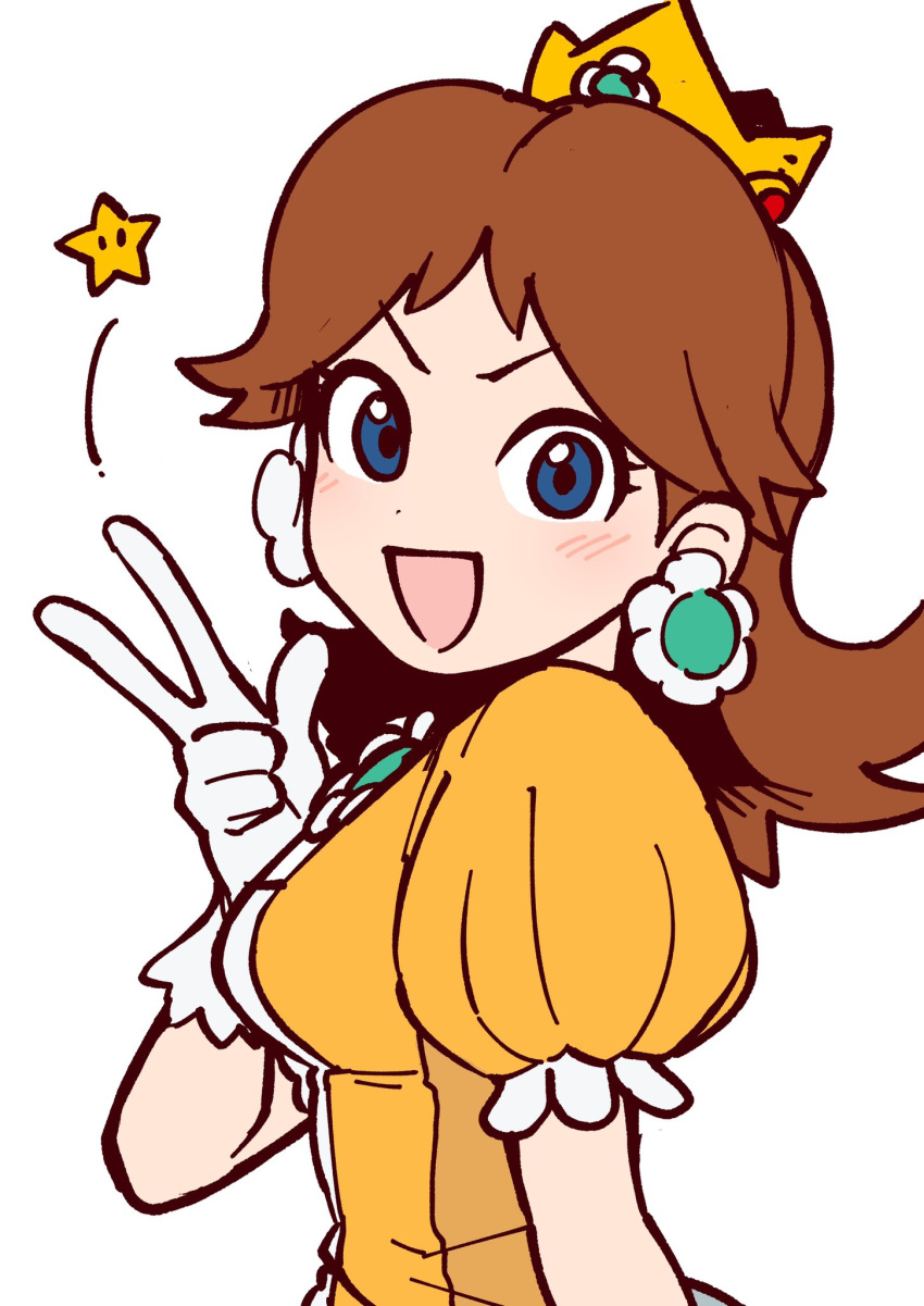 1girl blue_eyes breasts brown_hair commentary commentary_request crown dress earrings flipped_hair flower_earrings highres jewelry looking_at_viewer super_mario_bros. medium_breasts nintendo princess_daisy profile puffy_short_sleeves puffy_sleeves shiromanta short_sleeves smile solo star super_mario_bros. v v-shaped_eyebrows yellow_dress