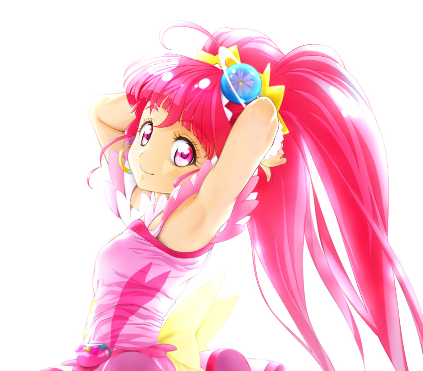 1girl armpits arms_behind_head bangs closed_mouth commentary_request cure_star earrings erufa_(pixiv) eyebrows_visible_through_hair hoop_earrings hoshina_hikaru jewelry long_hair looking_at_viewer magical_girl pink_eyes pink_hair precure simple_background smile solo star_twinkle_precure twintails white_background