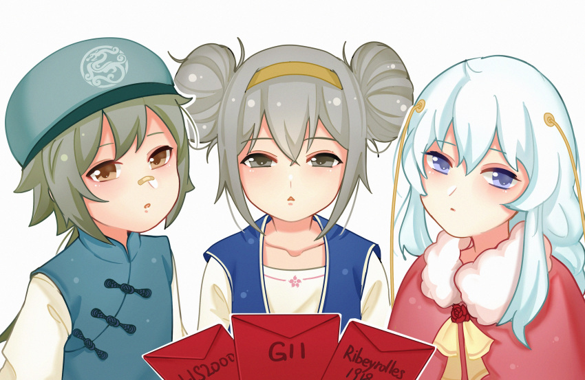 3girls absurdres alternate_costume alternate_hairstyle bandaid bandaid_on_nose blue_eyes brown_eyes character_name chinese_clothes collarbone double_bun enya_(282237582) g11_(girls_frontline) girls_frontline grey_hair hat headband highres hs2000_(girls_frontline) long_hair looking_at_viewer multiple_girls ponytail ribeyrolles_1918_(girls_frontline) shirt simple_background white_background white_hair