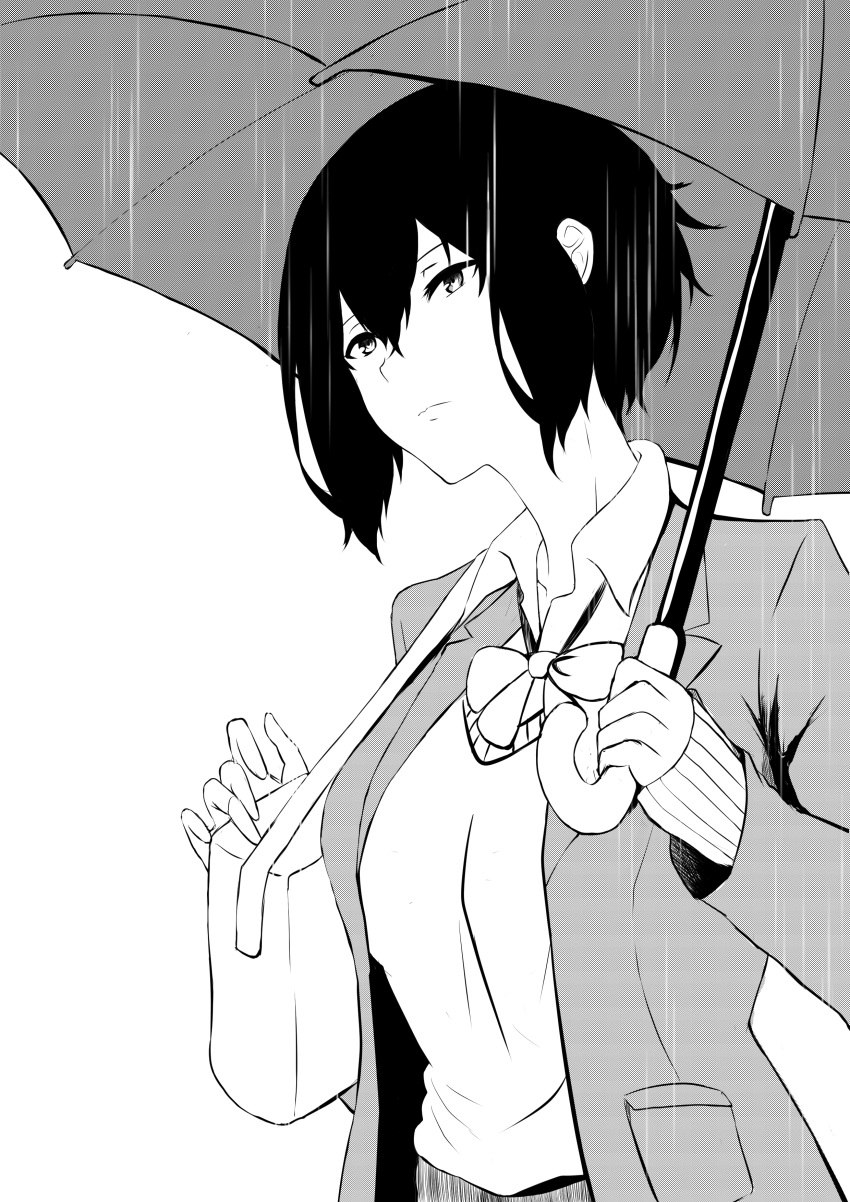 1girl absurdres bag bangs blazer bow breasts cardigan collared_shirt deroo dress_shirt greyscale hair_between_eyes highres holding holding_umbrella jacket large_breasts long_sleeves monochrome open_clothes open_jacket original rain school_bag shirt short_hair sleeves_past_wrists solo umbrella upper_body