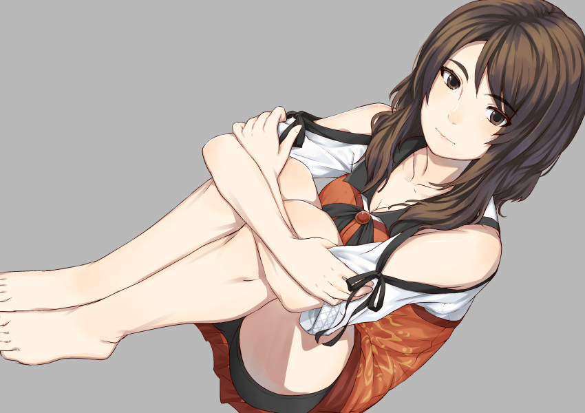 1girl absurdres bare_shoulders brown_eyes brown_hair fatal_frame fatal_frame_5 feet highres koei koei_tecmo kozukata_yuuri long_hair looking_at_viewer nintendo no_shoes playstation shiro_manjuu_(shiroxie) short_shorts shorts simple_background sitting solo sony super_smash_bros. tecmo thigh_strap