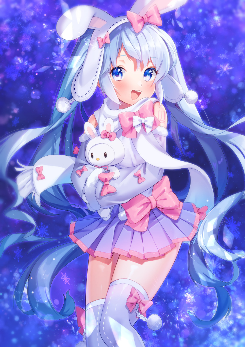1girl animal blue_background blue_eyes blue_hair blush bow cowboy_shot detached_sleeves hair_bow hat hatsune_miku highres holding holding_animal kaniku long_hair looking_at_viewer open_mouth pleated_skirt rabbit scarf skirt solo thigh-highs twintails very_long_hair vocaloid yuki_miku yukine_(vocaloid)