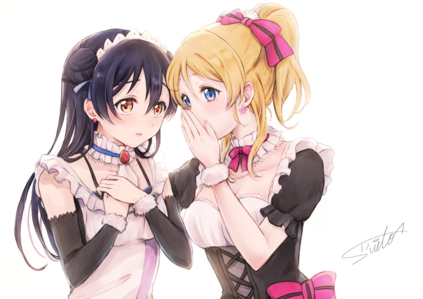 2girls ayase_eli bangs blonde_hair blue_eyes blue_hair blush detached_collar detached_sleeves double_bun earrings frills hair_between_eyes hair_ribbon hands_on_own_chest hands_together hidden_mouth jewelry long_hair love_live! love_live!_school_idol_project maid maid_headdress mogyutto_"love"_de_sekkin_chuu! multiple_girls ponytail ribbon signature simple_background sonoda_umi suito upper_body white_background yellow_eyes