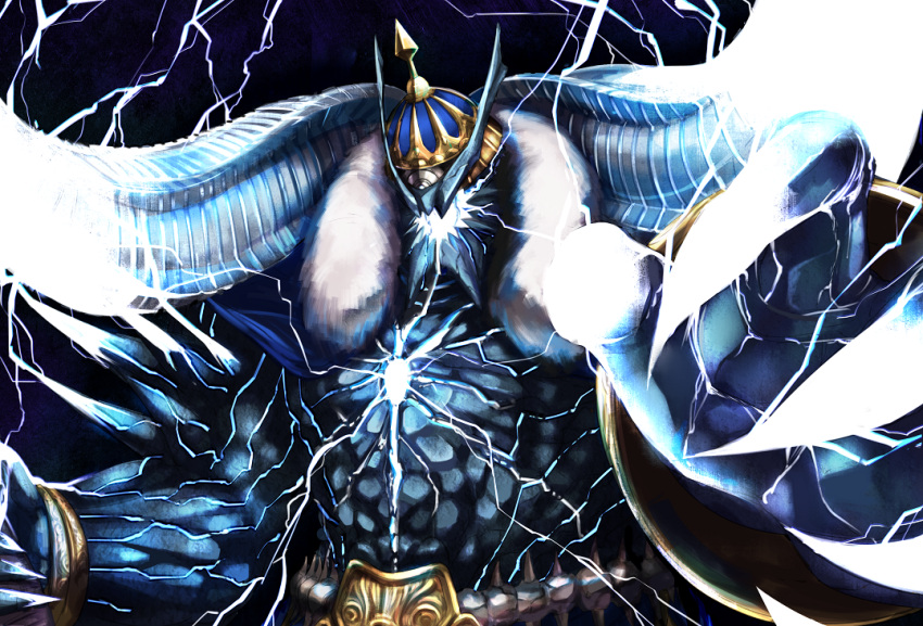 1boy belt black_background blue_skin claws crown electricity fate/grand_order fate_(series) glowing glowing_lines ivan_the_terrible_(fate/grand_order) lightning male_focus spikes tusks un_(satoshi0301)