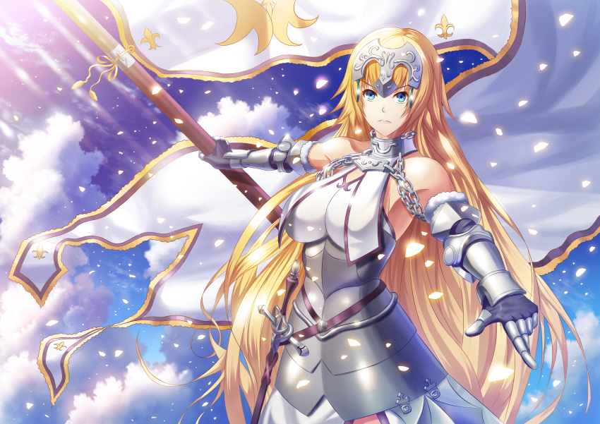 1girl absurdres armor armored_dress banner blonde_hair blue_eyes blue_sky clouds dress eyebrows_visible_through_hair fate/apocrypha fate_(series) floating_hair fujifuji924 gauntlets headpiece highres holding jeanne_d'arc_(fate) jeanne_d'arc_(fate)_(all) long_hair looking_at_viewer sheath sheathed sky sleeveless sleeveless_dress solo standing sword very_long_hair weapon white_dress