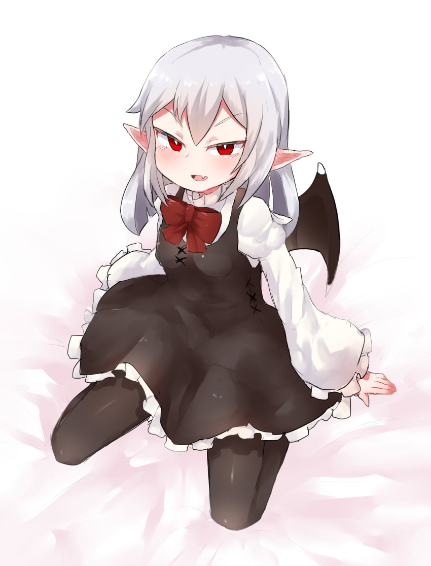 1girl :d bangs bat_wings bed_sheet black_wings blush breasts brown_dress brown_legwear commentary_request dress eyebrows_visible_through_hair fang frilled_dress frills getsuga_(tarushubatei) highres juliet_sleeves long_hair long_sleeves open_mouth original pantyhose pointy_ears puffy_sleeves red_eyes shirt silver_hair sitting sleeveless sleeveless_dress small_breasts smile solo wariza white_shirt wings