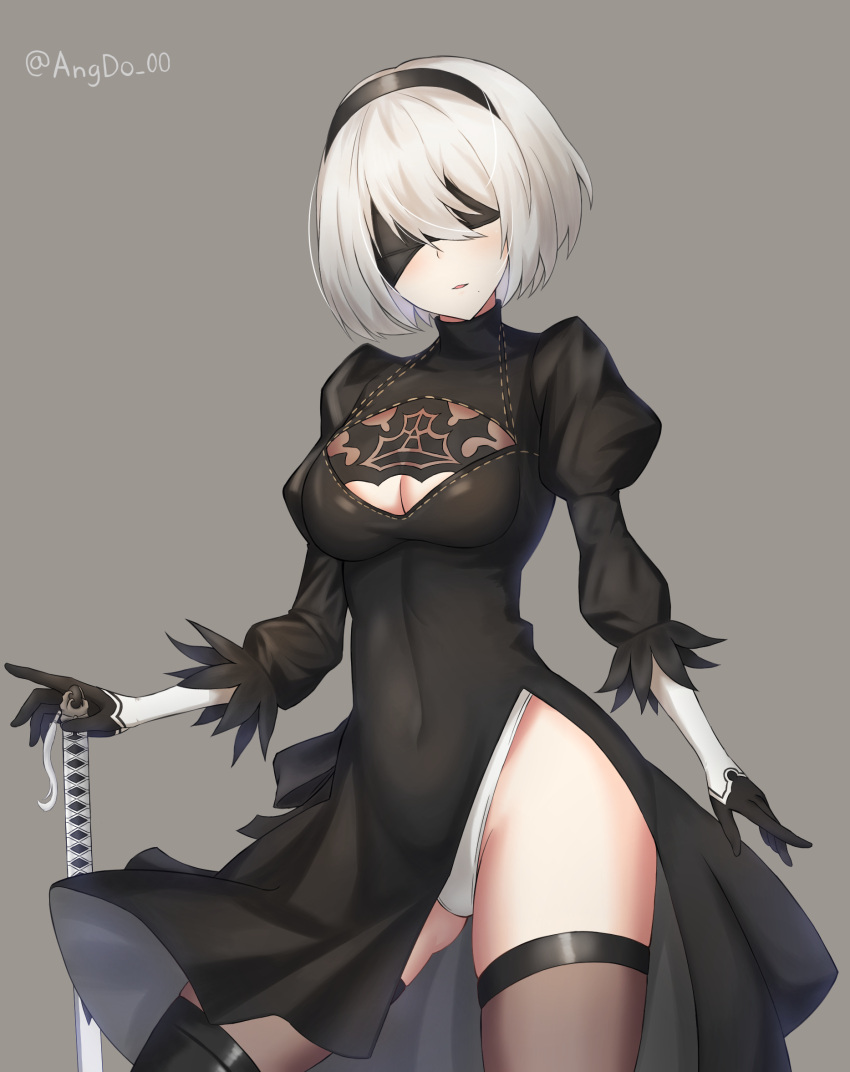 1girl @ angdo_(kakajo26) artist_name bangs black_blindfold black_dress black_gloves black_hairband black_legwear blindfold breasts cleavage_cutout commentary_request covered_eyes dress feather-trimmed_sleeves gloves grey_background hair_over_one_eye hairband highres holding holding_sword holding_weapon juliet_sleeves katana large_breasts leotard long_sleeves mole mole_under_mouth nier_(series) nier_automata puffy_sleeves short_hair silver_hair simple_background solo sword thigh-highs weapon white_leotard yorha_no._2_type_b