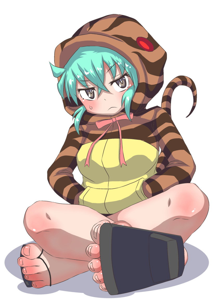 aqua_hair commentary_request geta highres hood hood_up hoodie kemono_friends neck_ribbon oruta_na. ribbon snake_tail soles striped_hoodie striped_tail sweat tail tengu-geta toes tsuchinoko_(kemono_friends)