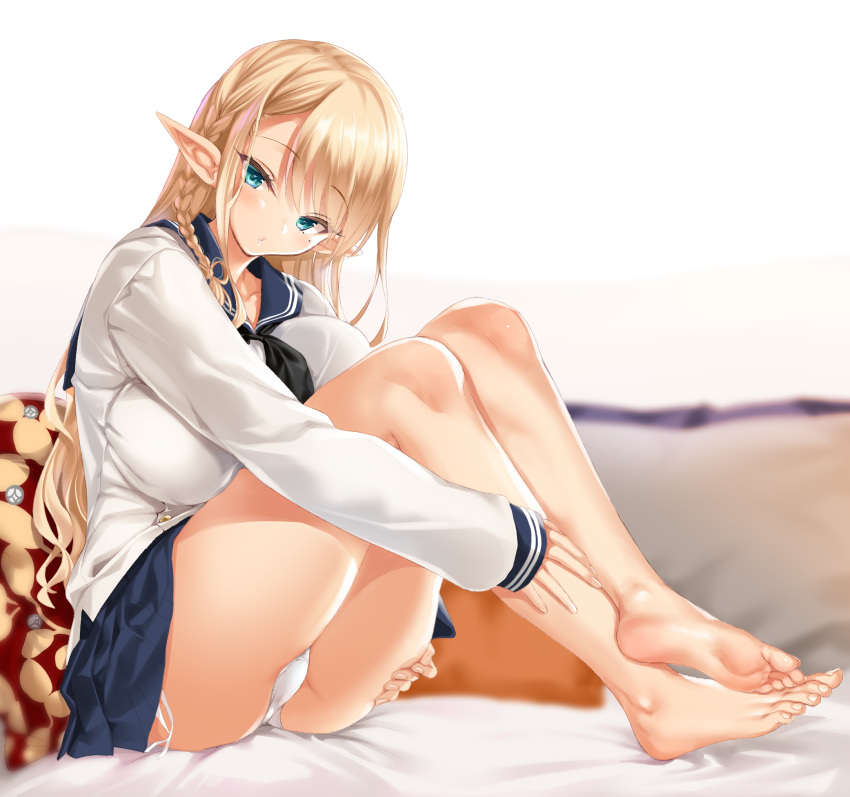 1girl aqua_eyes ass bangs bare_legs barefoot black_neckwear blonde_hair blue_sailor_collar blue_skirt blush braid breasts collarbone elf eyebrows_visible_through_hair fantia_reward feet fingernails french_braid highres kure_masahiro large_breasts legs long_hair long_sleeves looking_at_viewer mole mole_under_eye neckerchief no_shoes original paid_reward panties parted_lips pillow pleated_skirt pointy_ears sailor_collar school_uniform serafuku side-tie_panties sitting skirt sleeves_past_wrists soles solo thighs toes underwear white_panties white_serafuku