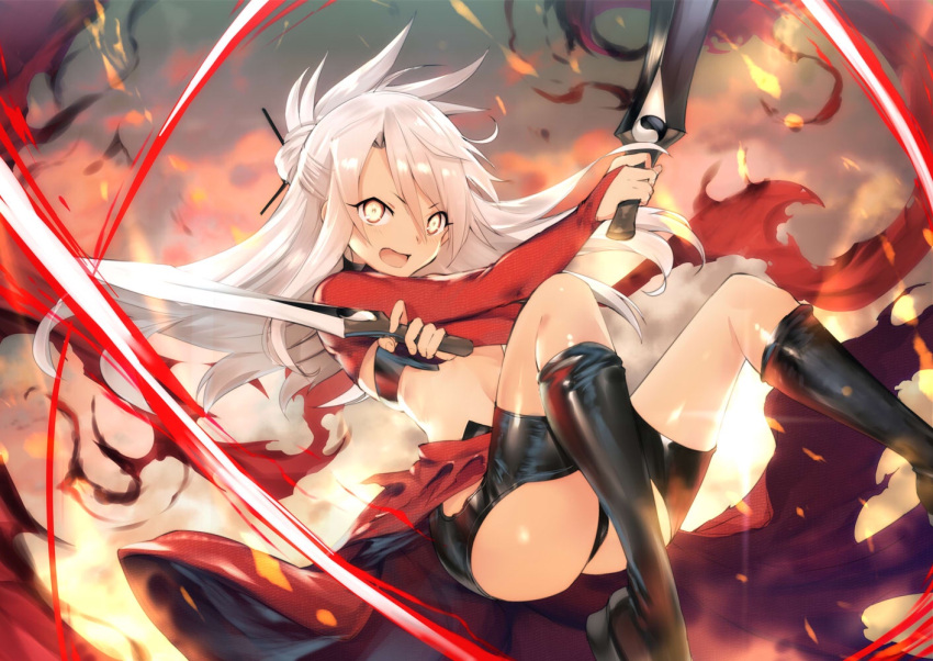 1girl ass bangs black_footwear boots breasts capelet chloe_von_einzbern dark_skin dual_wielding fate/kaleid_liner_prisma_illya fate_(series) hair_between_eyes hair_ornament hairpin half_updo holding knee_boots legs long_hair long_sleeves looking_at_viewer navel open_mouth orange_eyes pink_hair red_capelet shrug_(clothing) sidelocks small_breasts solo sword tan tattoo teddy_(khanshin) thighs waist_cape weapon