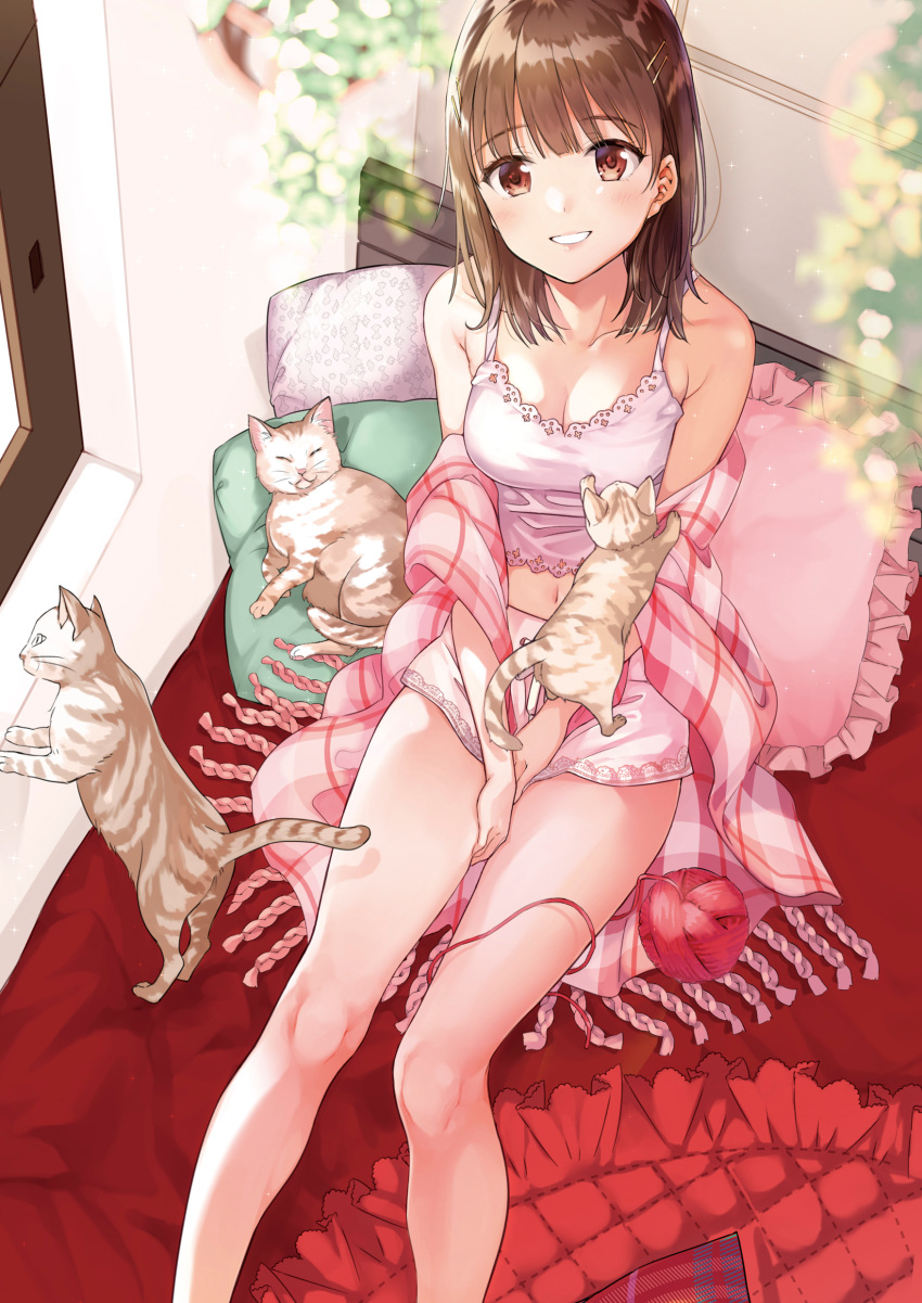 1girl :d absurdres animal bangs bare_legs bare_shoulders barefoot blunt_bangs blush breasts brown_eyes brown_hair camisole cat cleavage collarbone commentary_request day eyebrows_visible_through_hair feet_out_of_frame hair_ornament hairclip highres indoors long_hair looking_at_viewer matsuzaki_miyuki medium_breasts navel open_mouth original pillow plaid plaid_scarf scarf short_shorts shorts sitting smile solo spaghetti_strap stomach teeth wool
