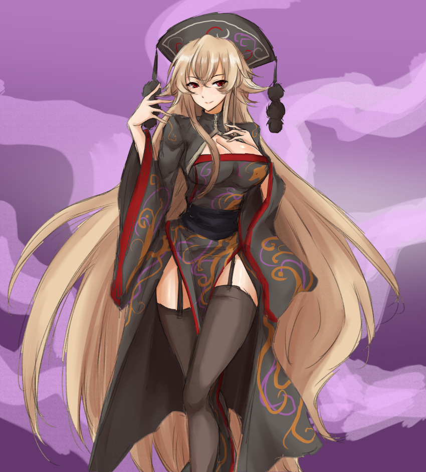 1girl absurdres adapted_costume amagi_(amagi626) black_dress black_hat black_legwear blonde_hair breasts chinese_clothes cleavage cleavage_cutout commentary_request crown dress garter_straps hand_on_own_chest hat highres junko_(touhou) large_breasts legs_crossed light_smile long_hair long_sleeves looking_at_viewer obi pom_pom_(clothes) purple_background red_eyes sash side_slit solo standing thigh-highs thighs touhou very_long_hair