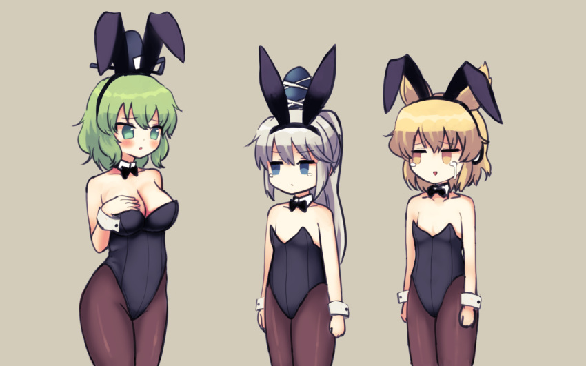 3girls animal_ears bangs bare_arms bare_shoulders black_bow black_hairband black_hat black_neckwear blonde_hair blue_eyes blue_hat blush bow bowtie breast_envy breasts brown_legwear bunnysuit cleavage collarbone commentary_request cowboy_shot crying detached_collar eyebrows_visible_through_hair fake_animal_ears flat_chest green_eyes green_hair grey_background hair_between_eyes hairband hand_on_own_chest hat large_breasts long_hair looking_at_another mononobe_no_futo multiple_girls no_nose pantyhose parted_lips pointy_hair ponytail puroshimin rabbit_ears short_hair silver_hair simple_background soga_no_tojiko standing tate_eboshi tears thighs touhou toyosatomimi_no_miko wrist_cuffs yellow_eyes